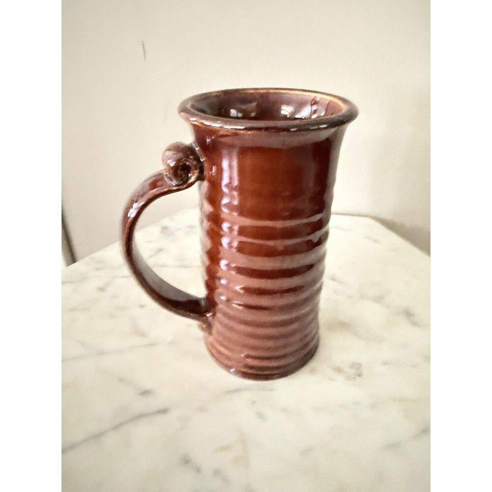 VINTAGE Coffee Mug Cup Glaze Handmade Studio Art Pottery Ribbed Glazed 12 oz